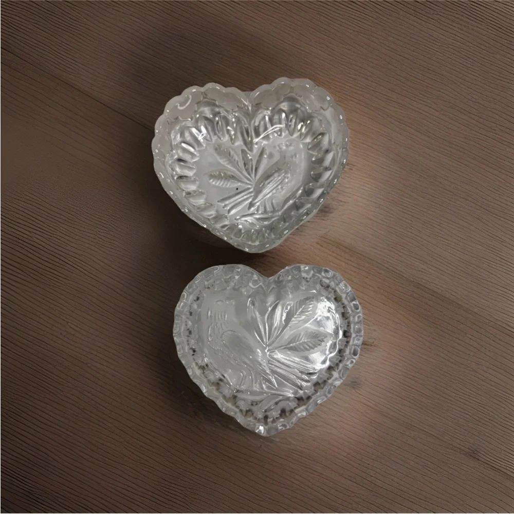 Vintage Hofbauer Byrdes Crystal Heart Dish Bird Etched Trinket Candy Box